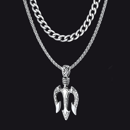 Cuban Chain & Poseidon Trident Layered Necklaces Set for Men
