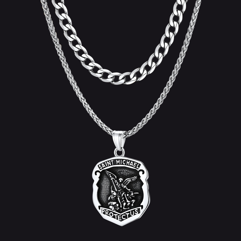 cuban chain saint michael necklace set for men