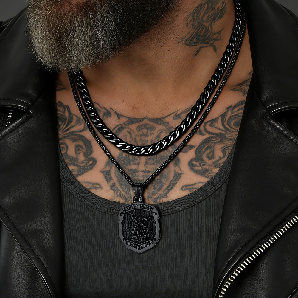 men wearing saint michael layered necklace
