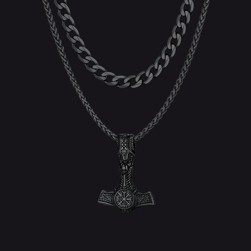 Men’s Cuban chain and Thor’s hammer pendant necklace styled for rugged look.