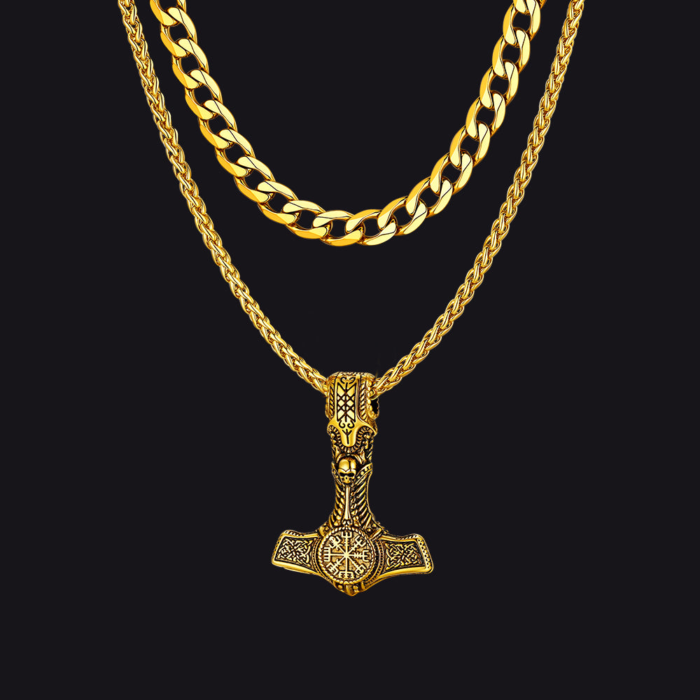Layered Cuban chain and Thor’s hammer necklace