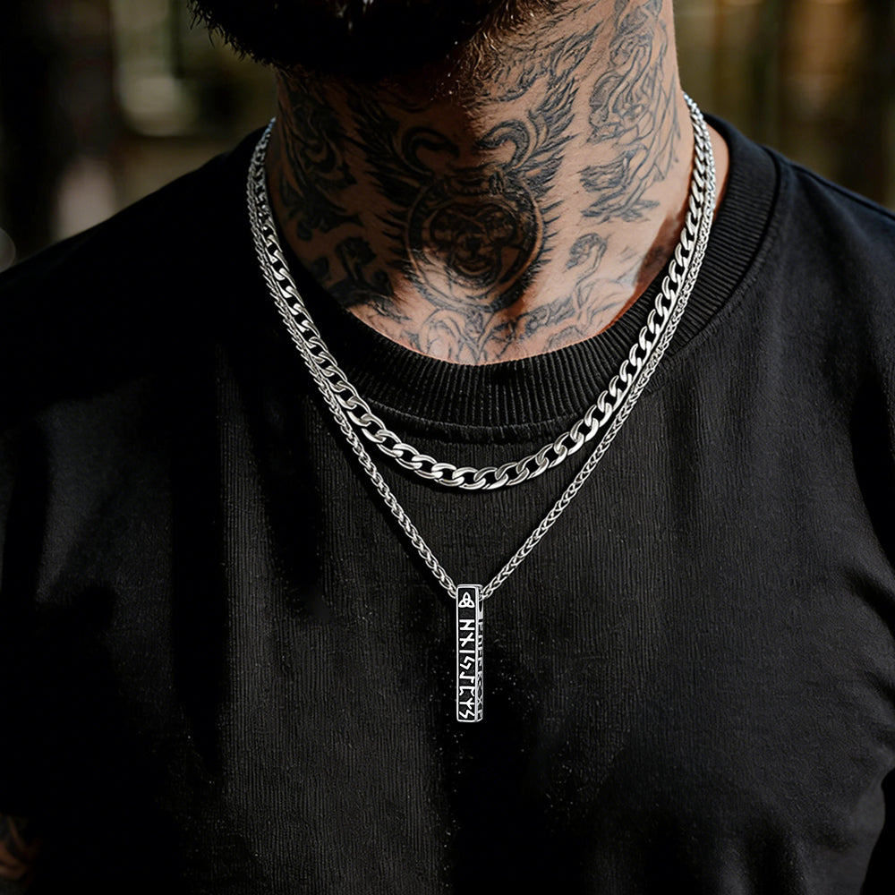 men wearing viking runes layered necklace