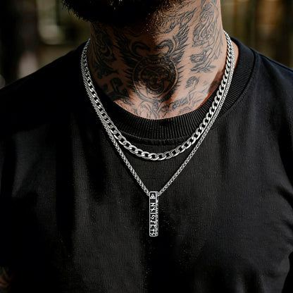men wearing viking runes layered necklace