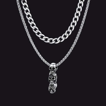 Cuban curb chain and layered skull necklace set for men