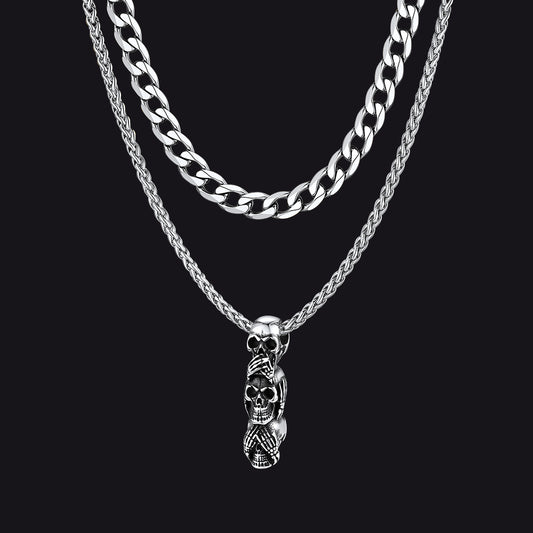 Cuban curb chain and layered skull necklace set for menimg