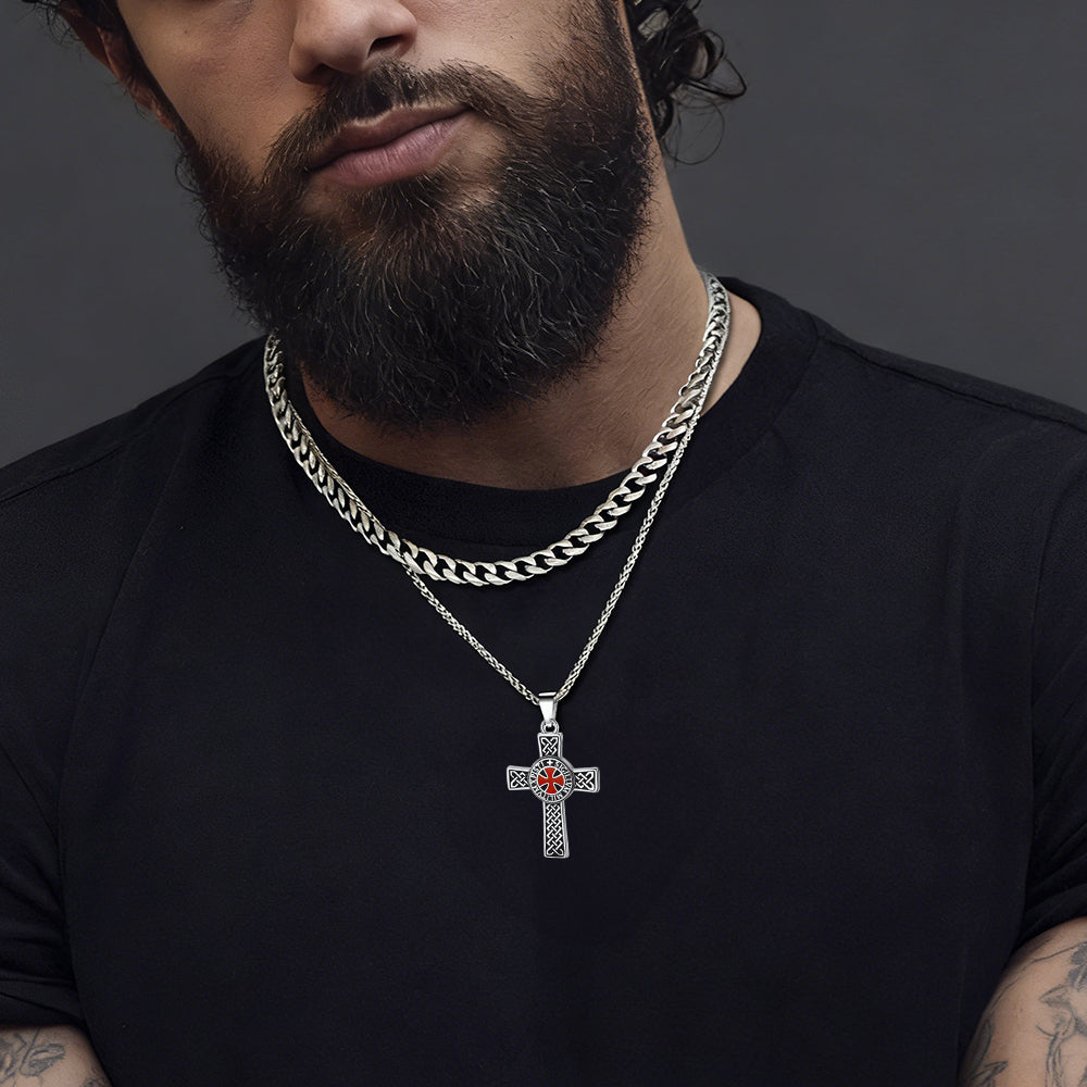men wearing templar cross layered necklace
