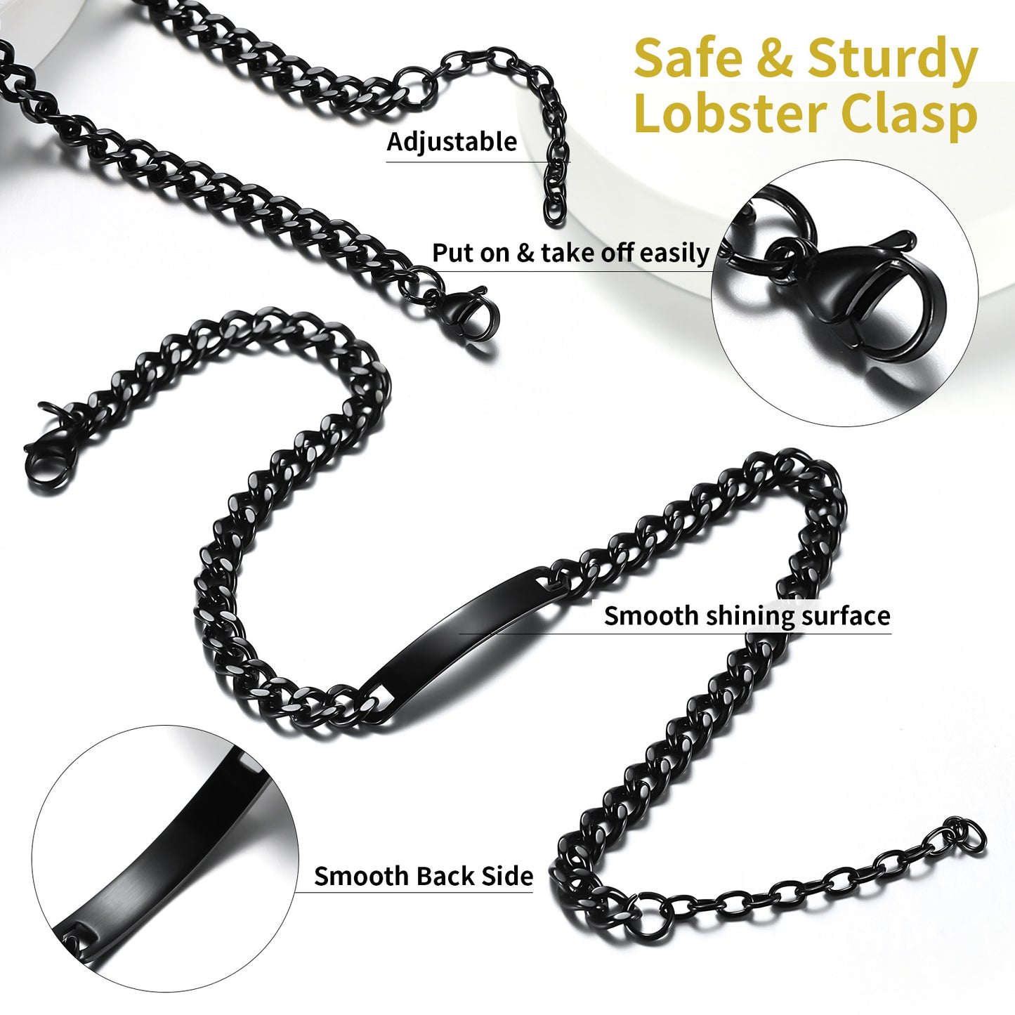 Black personalized text choker chain necklace for men 10mm