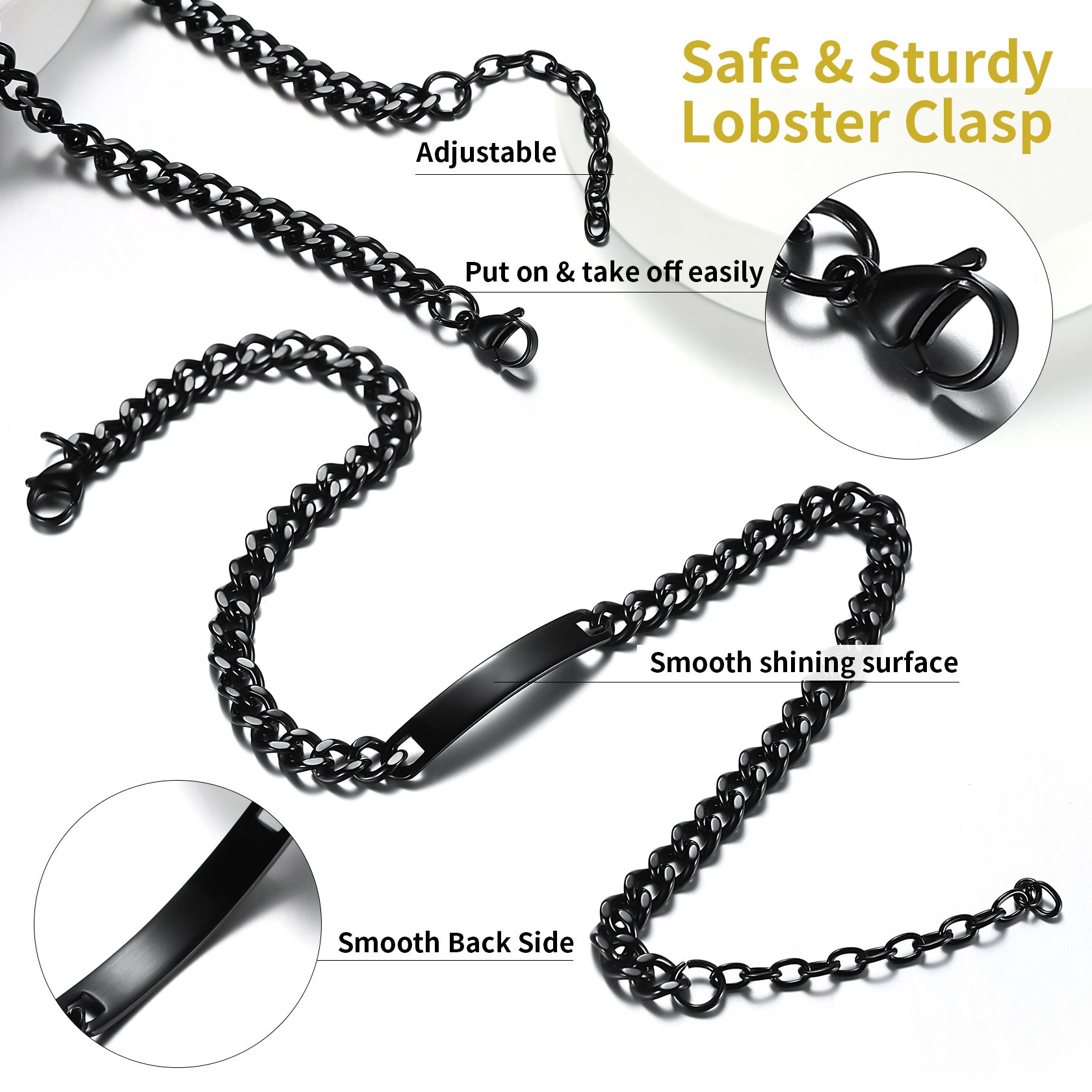 Black personalized text choker chain necklace for men 10mm