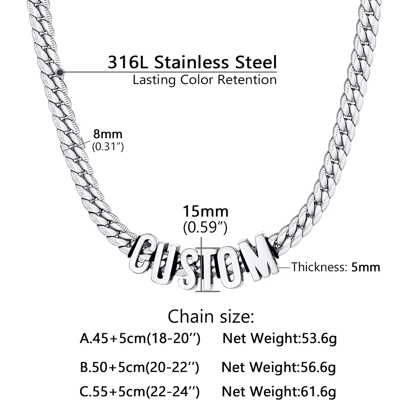 Stainless steel chain necklace with measurement details on a white background
