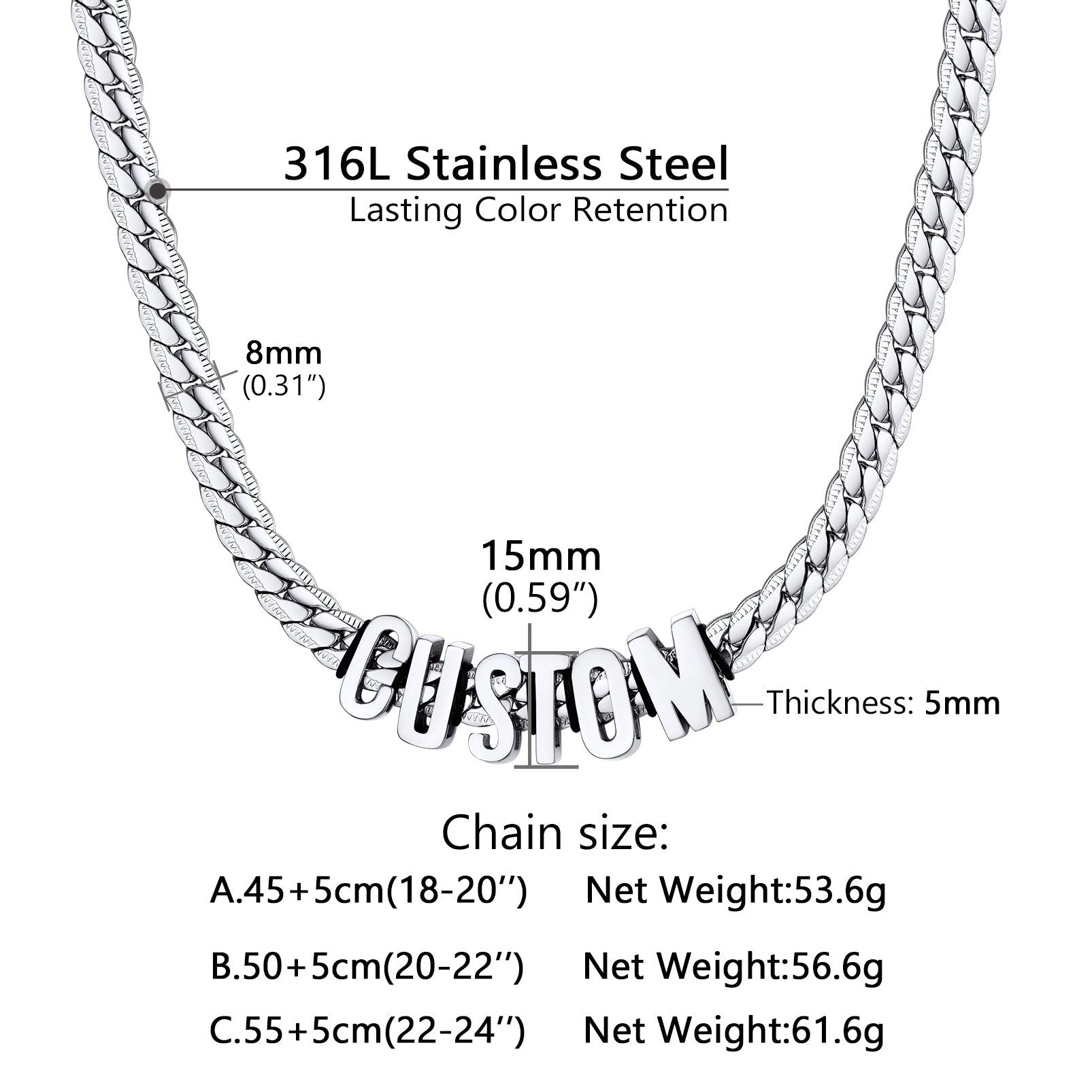 Stainless steel chain necklace with measurement details on a white background