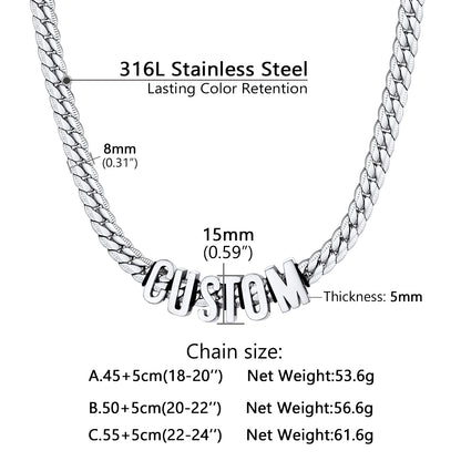 Stainless steel chain necklace with measurement details on a white background