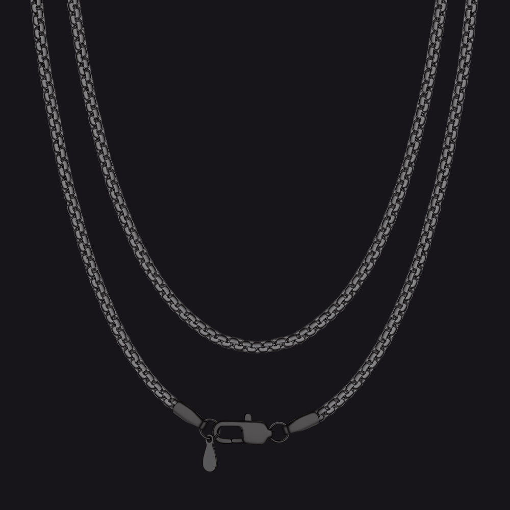 2mm matte black stainless flat box chain necklace for men and women