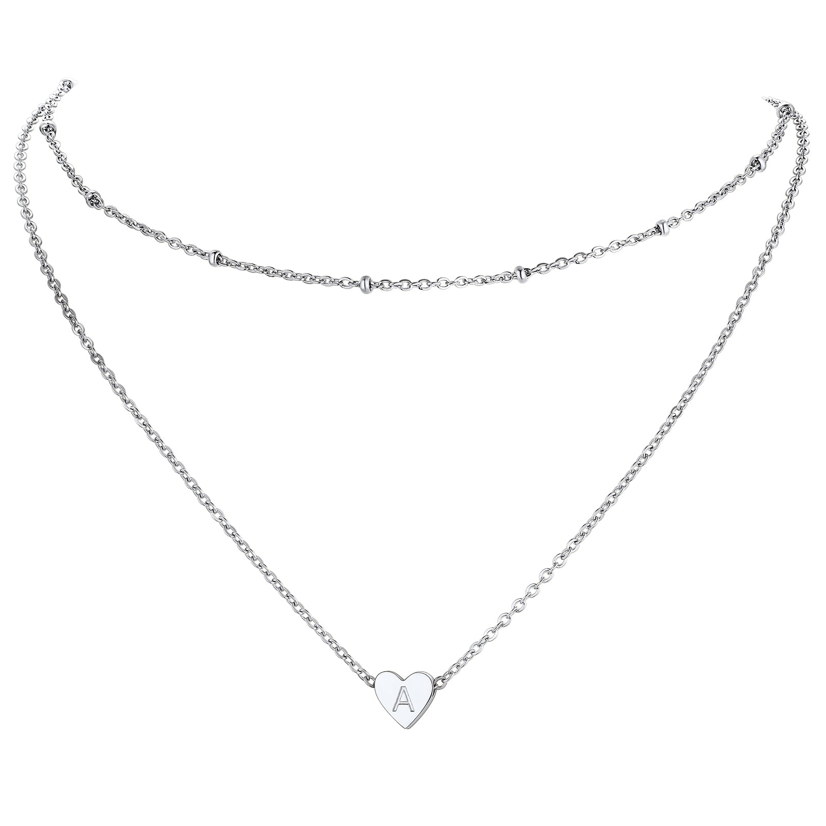 Silver / A Cable Chain with Beads & Initial Heart Layered Necklace for Women