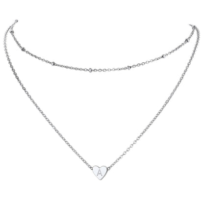Silver / A Cable Chain with Beads & Initial Heart Layered Necklace for Women