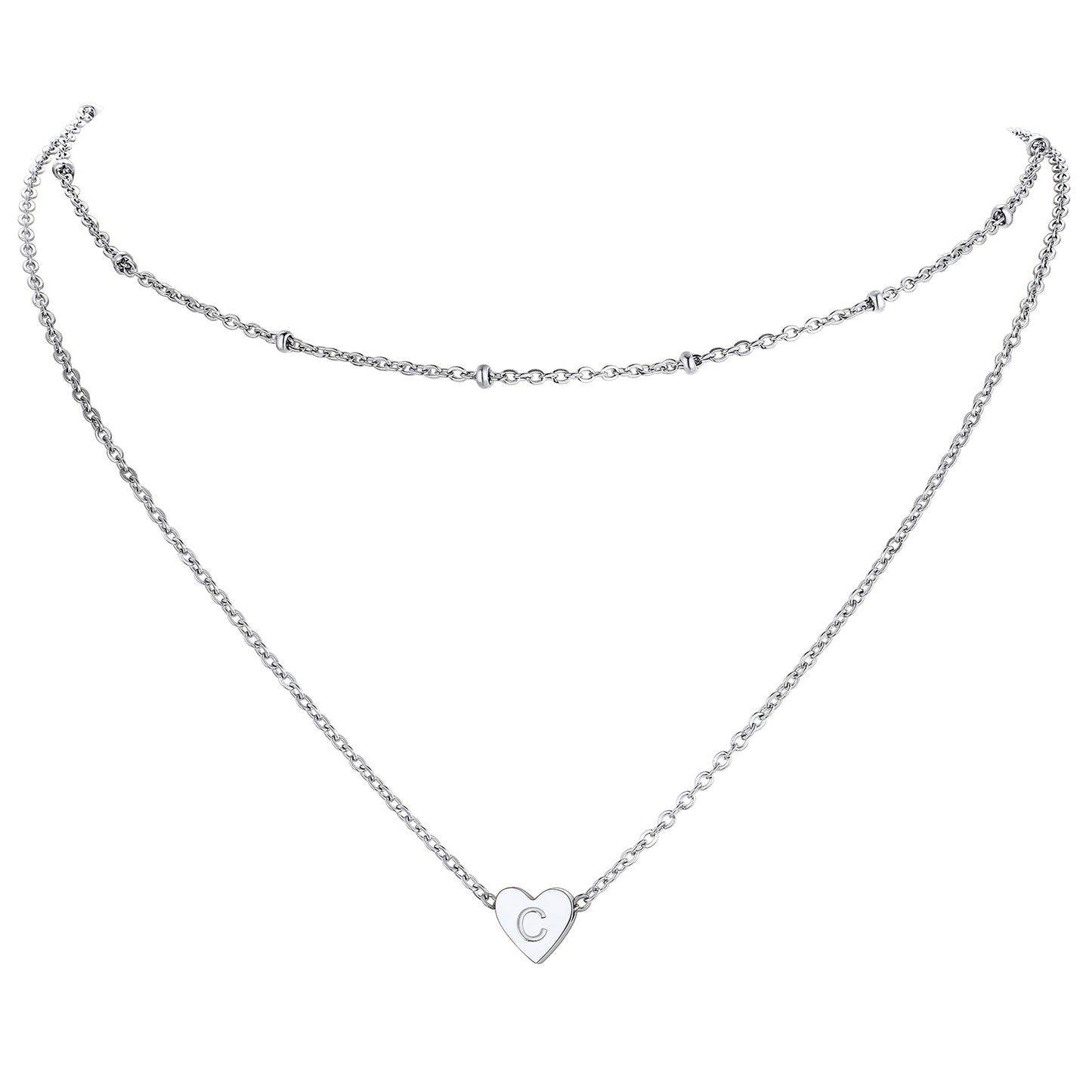 Silver / C Cable Chain with Beads & Initial Heart Layered Necklace for Women