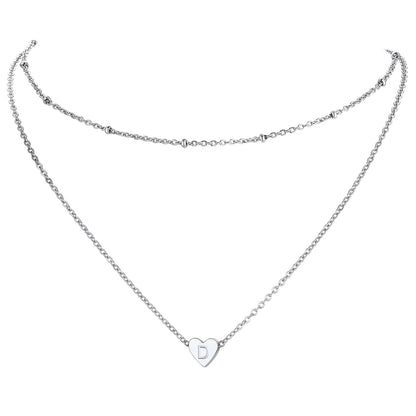 Silver / D Cable Chain with Beads & Initial Heart Layered Necklace for Women