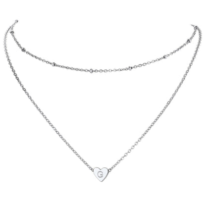 Silver / G Cable Chain with Beads & Initial Heart Layered Necklace for Women