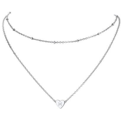 Silver / H Cable Chain with Beads & Initial Heart Layered Necklace for Women