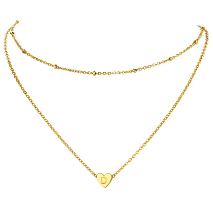 Gold / D Cable Chain with Beads & Initial Heart Layered Necklace for Women