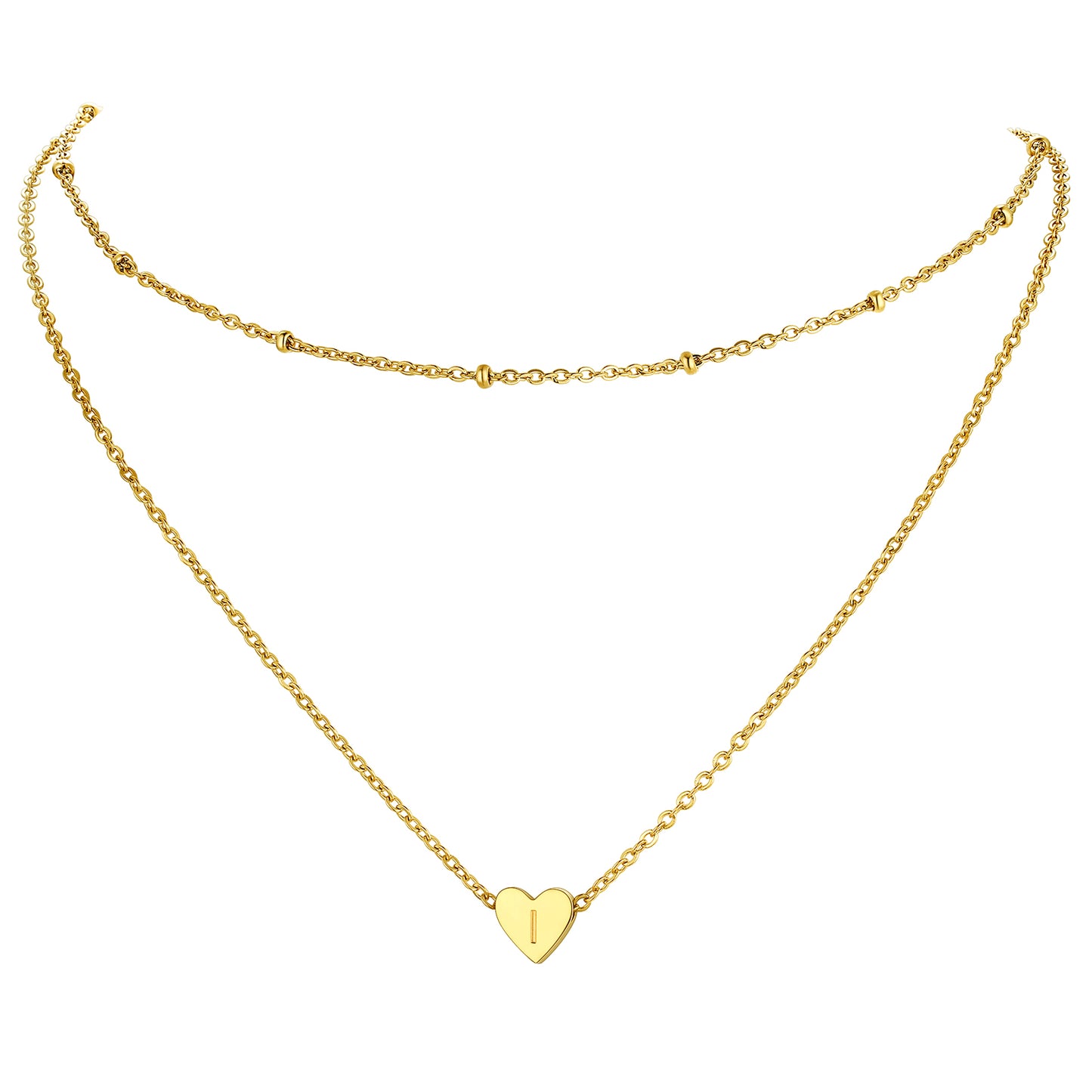 Gold / I Cable Chain with Beads & Initial Heart Layered Necklace for Women