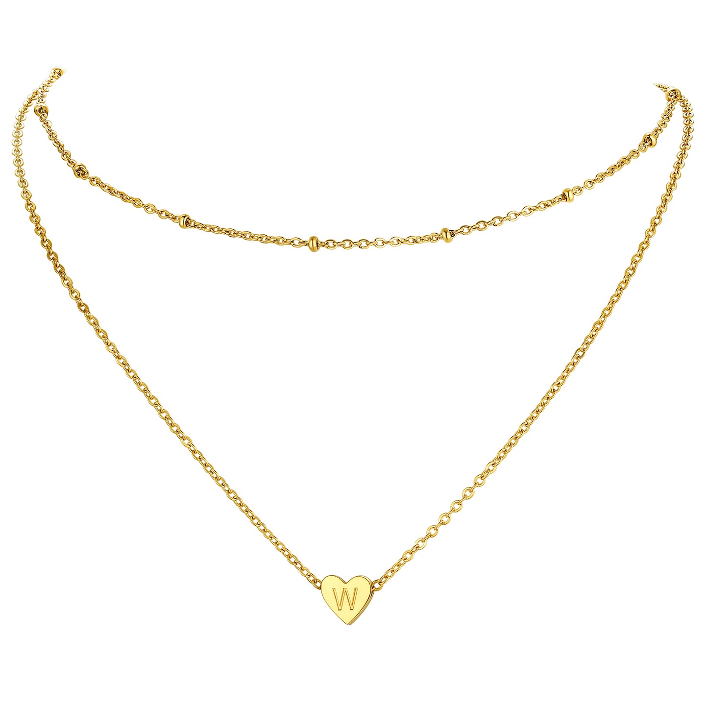 Gold / W Cable Chain with Beads & Initial Heart Layered Necklace for Women