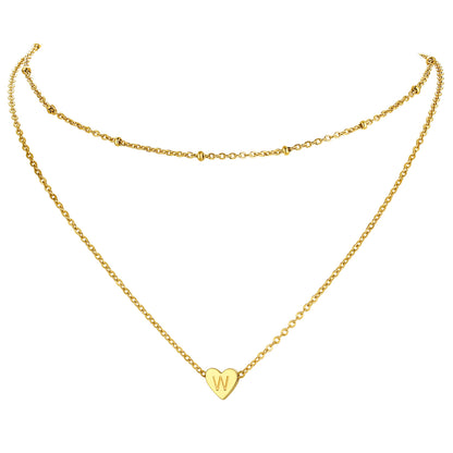 Gold / W Cable Chain with Beads & Initial Heart Layered Necklace for Women