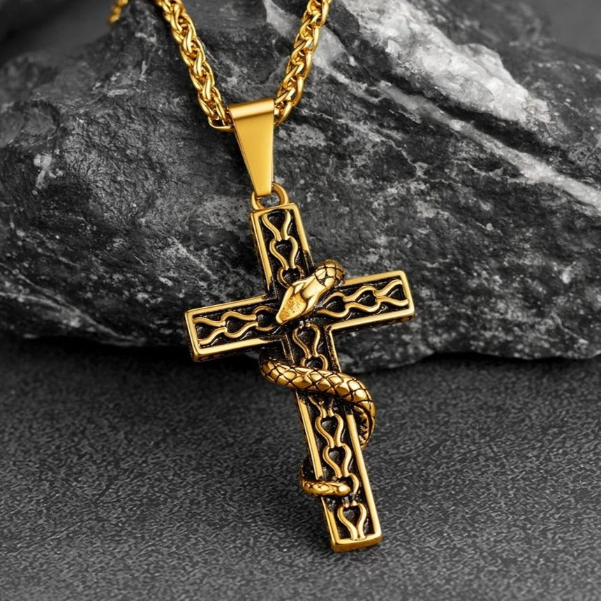 FaithHeart Gothic Snake Cross Necklace Stainless Steel for Men FaithHeart