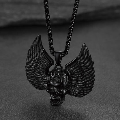 Gothic Flame Winged Skull Pendant Necklace for Men