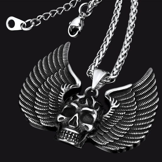 FaithHeart Vintage Skull Wings Pendant Necklace Stainless Steel Gothic Jewelry FaithHeart