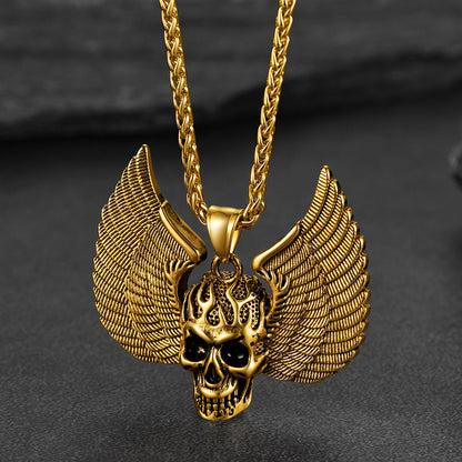 FaithHeart Vintage Skull Wings Pendant Necklace Stainless Steel Gothic Jewelry FaithHeart