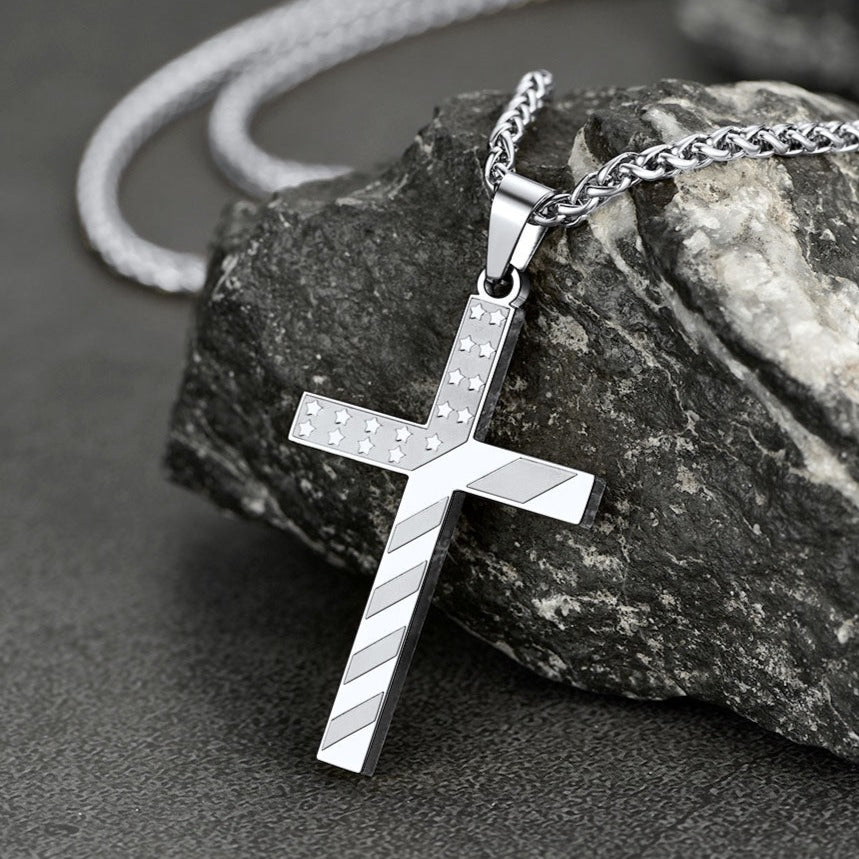 FaithHeart American Flag Patriotic Cross Pendant Necklace Religious Jewelry for Men FaithHeart