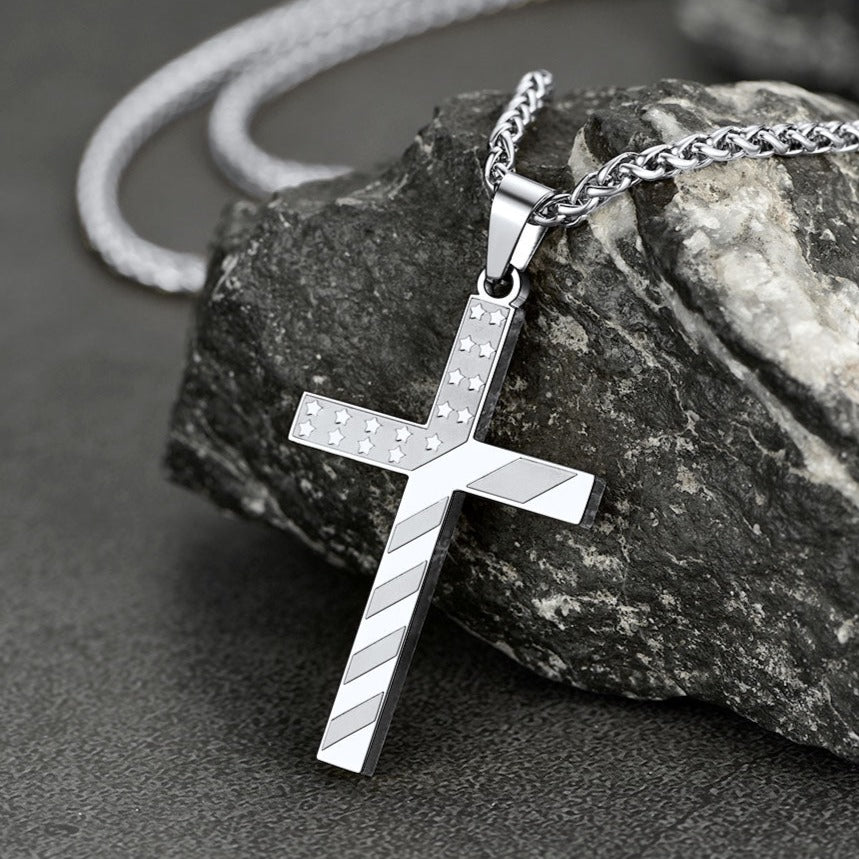 American Flag Patriotic Cross Pendant Necklace Religious Jewelry for Men