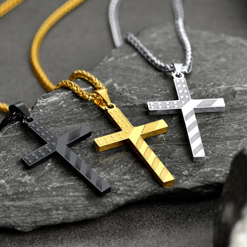 FaithHeart American Flag Patriotic Cross Pendant Necklace Religious Jewelry for Men FaithHeart