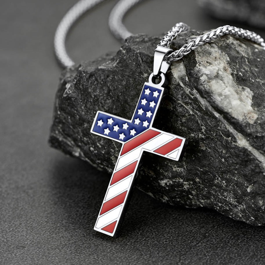 FaithHeart American flag Cross Necklace Stainless Steel Religious Jewelry FaithHeart