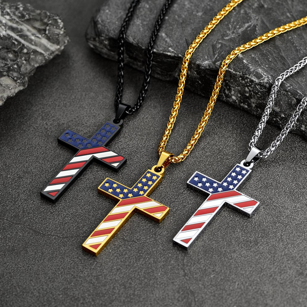 FaithHeart American flag Cross Necklace Stainless Steel Religious Jewelry FaithHeart