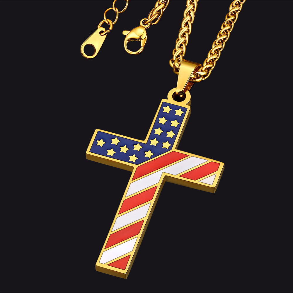 FaithHeart American flag Cross Necklace Stainless Steel Religious Jewelry FaithHeart