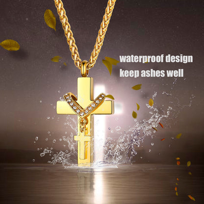 Gold cross necklace with waterproof design feature on a dark background