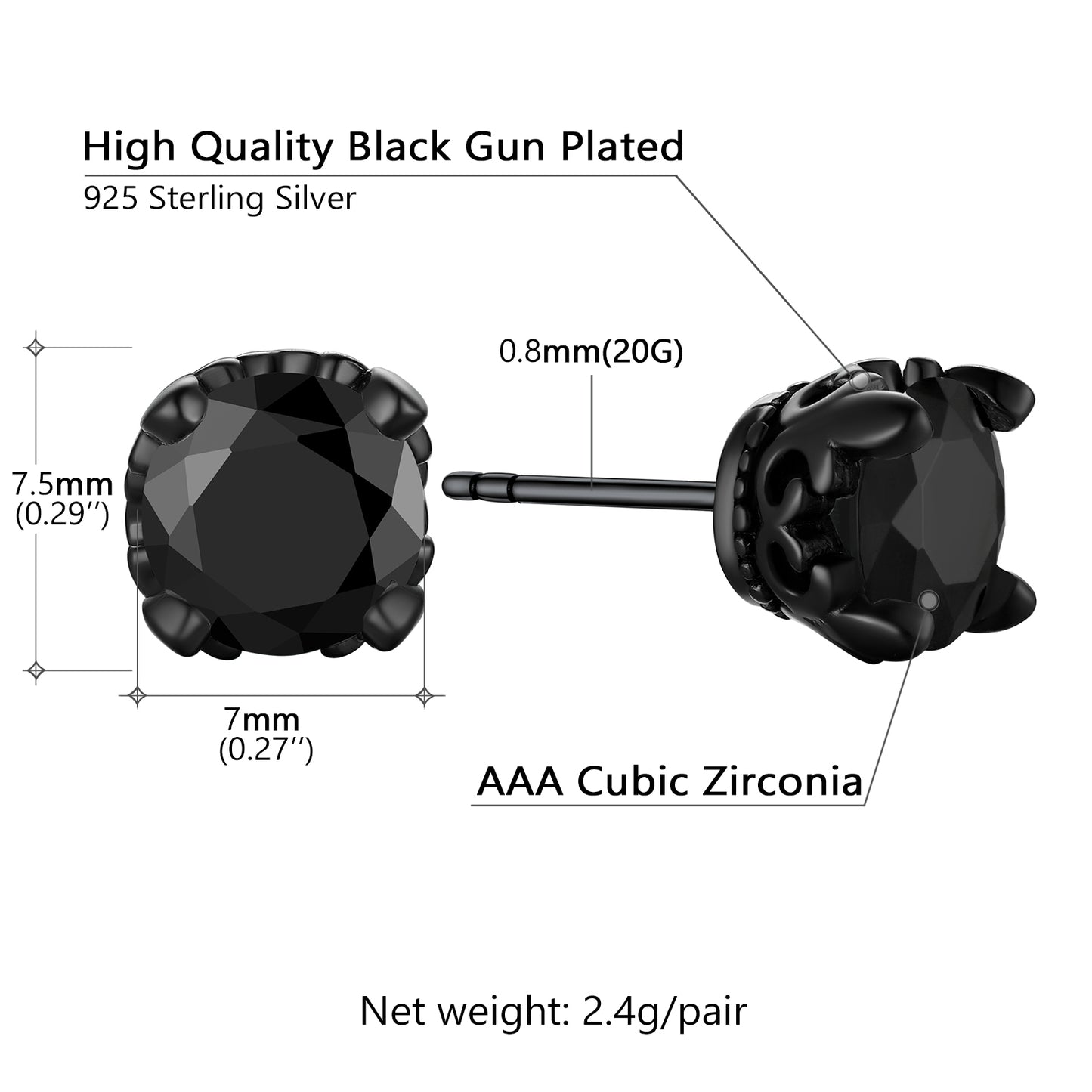 Black gun-plated stud earrings with measurements and material details on a white background