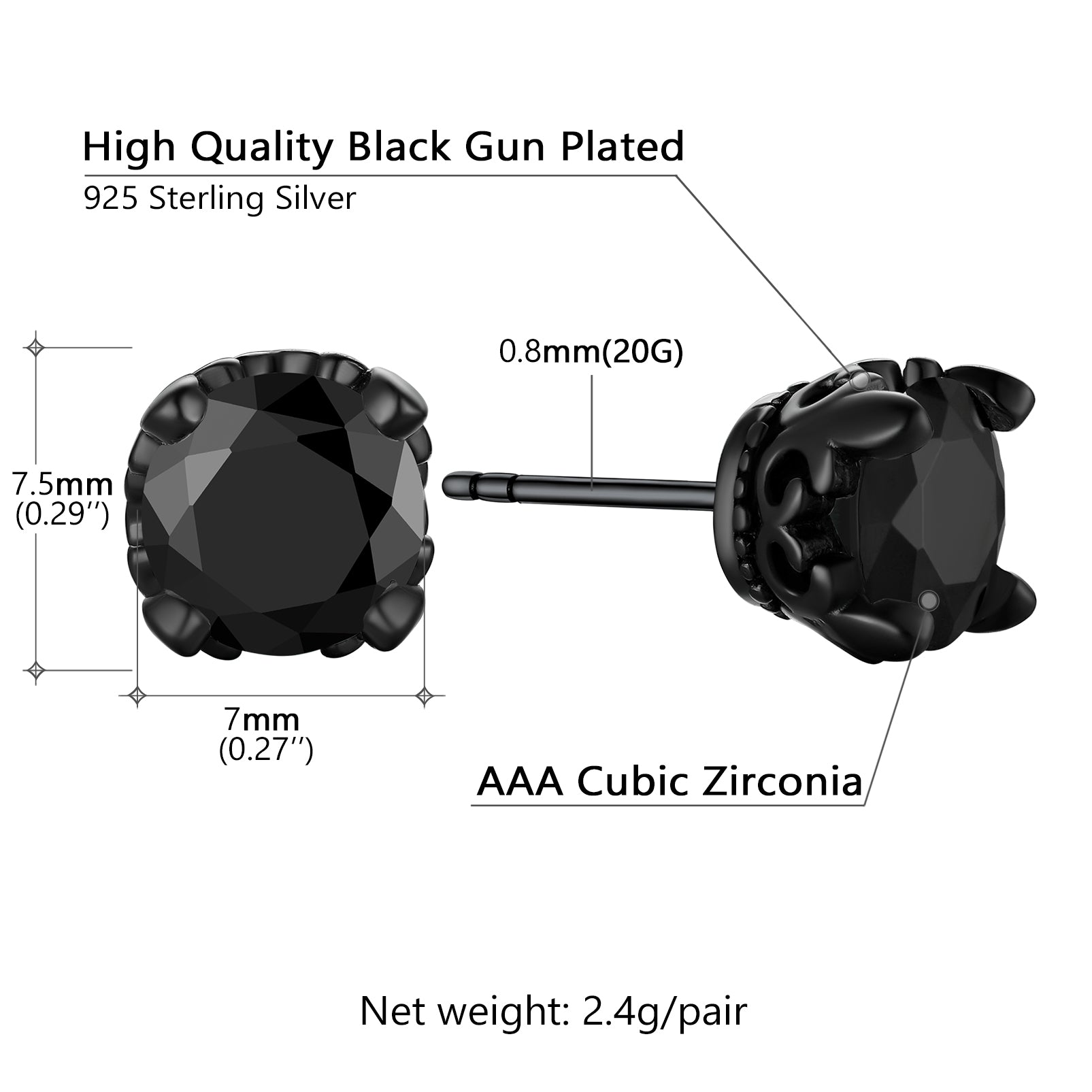 Black gun-plated stud earrings with measurements and material details on a white background