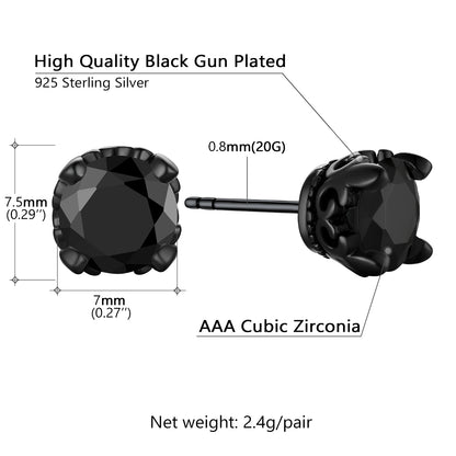 Black gun-plated stud earrings with measurements and material details on a white background