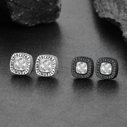 Sterling Silver Gemstone Runes Square Stud Earrings