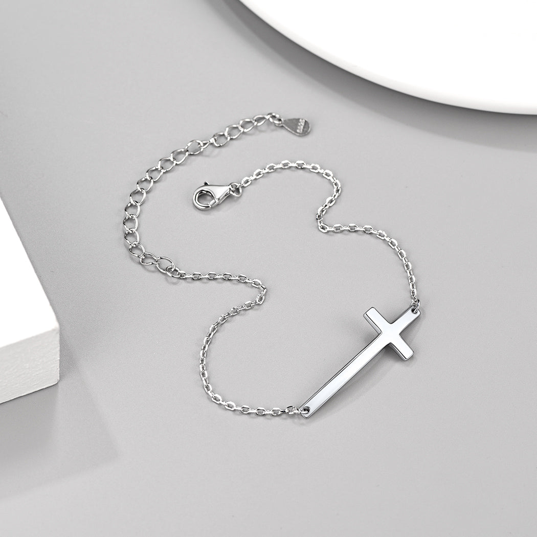 FaithHeart Sterling Silver Sideways Cross Bracelet For Men/Women