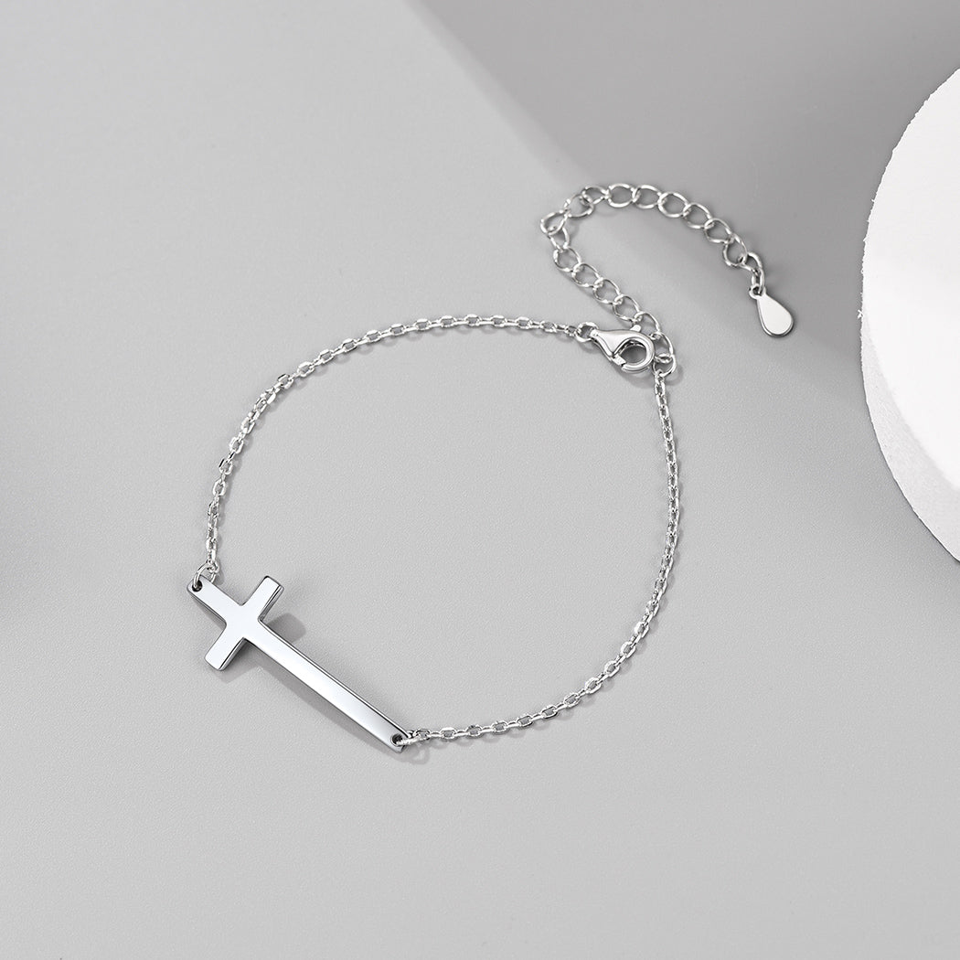 FaithHeart Sterling Silver Sideways Cross Bracelet For Men/Women