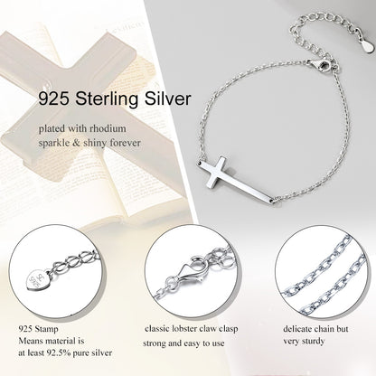 FaithHeart Sterling Silver Sideways Cross Bracelet For Men/Women