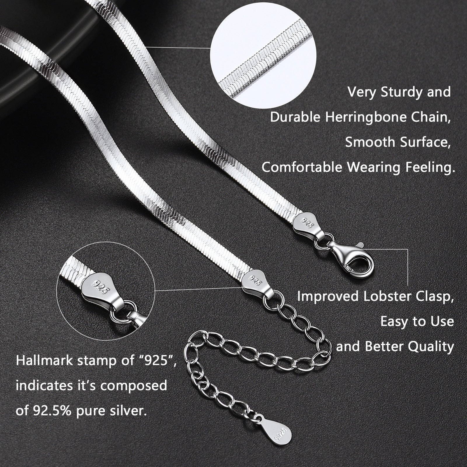 Silver necklace with herringbone chain and lobster clasp on a dark background