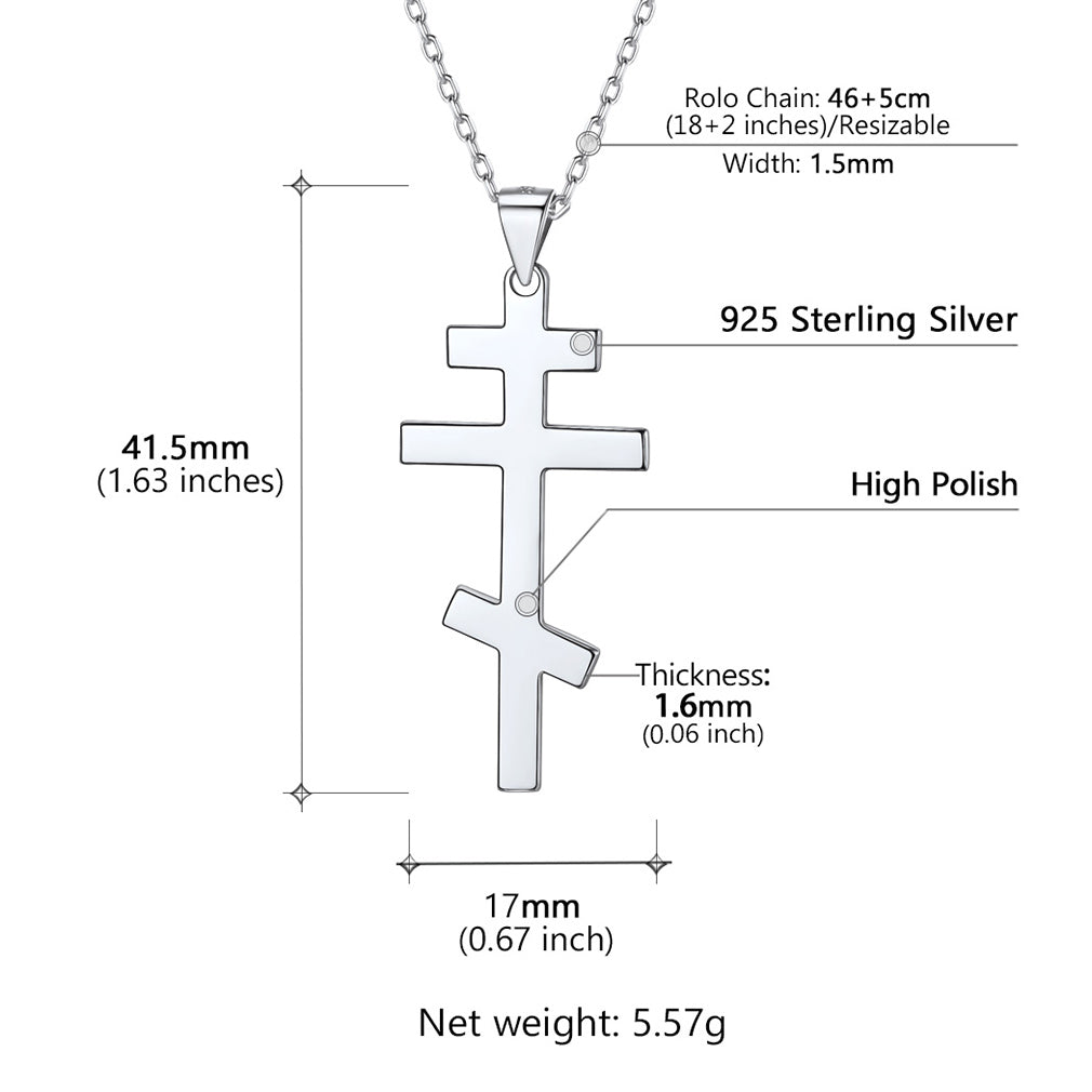 Silver cross pendant necklace with measurement details 
