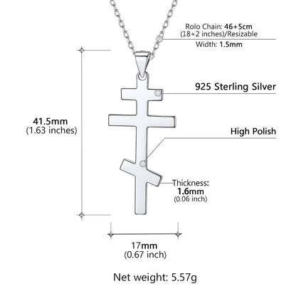 Silver cross pendant necklace with measurement details 