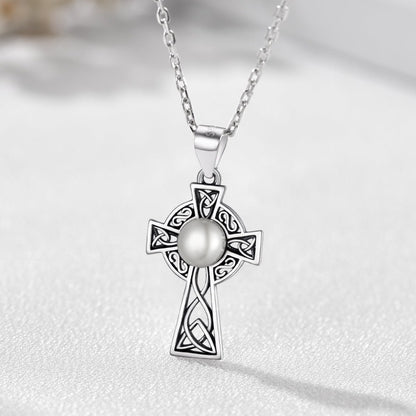 FaithHeart Sterling Silver Celtic Cross Pearl Pendant Necklace For Women FaithHeart