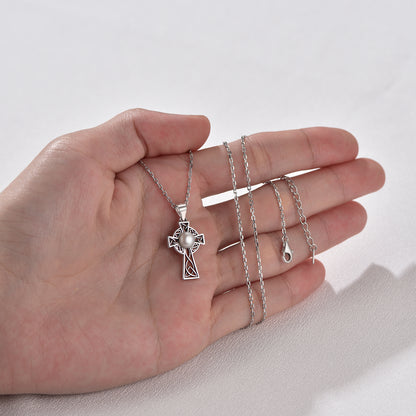 FaithHeart Sterling Silver Celtic Cross Pearl Pendant Necklace For Women FaithHeart