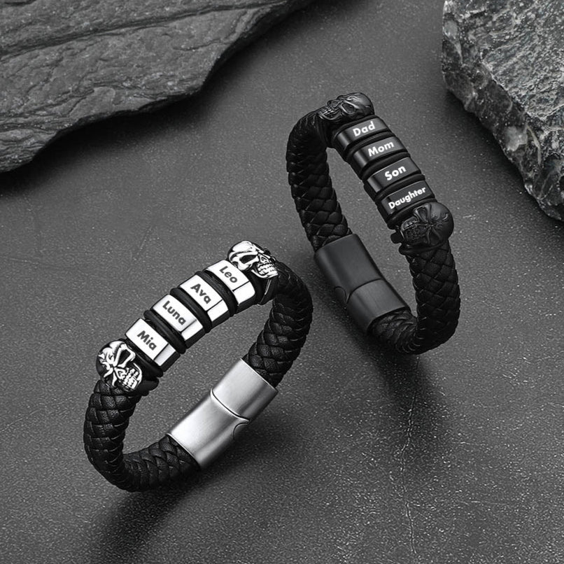 Father's Day Gift-Personalised Black Name Beads Leather Bracelet with Skull for Dad FaithHeart Jewelry